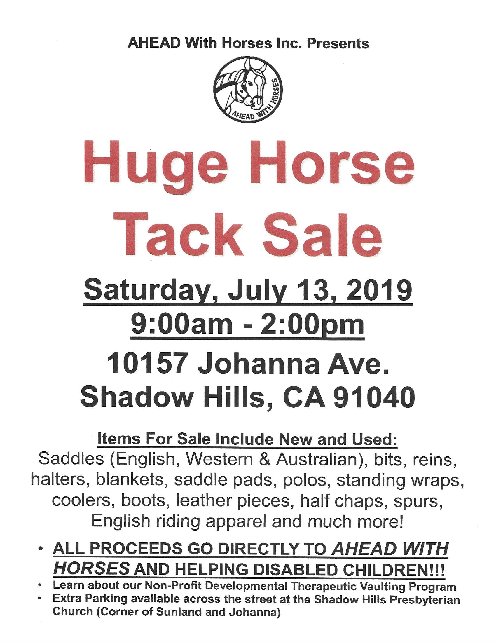Tack Sale on 7/13/19 Ahead with Horses